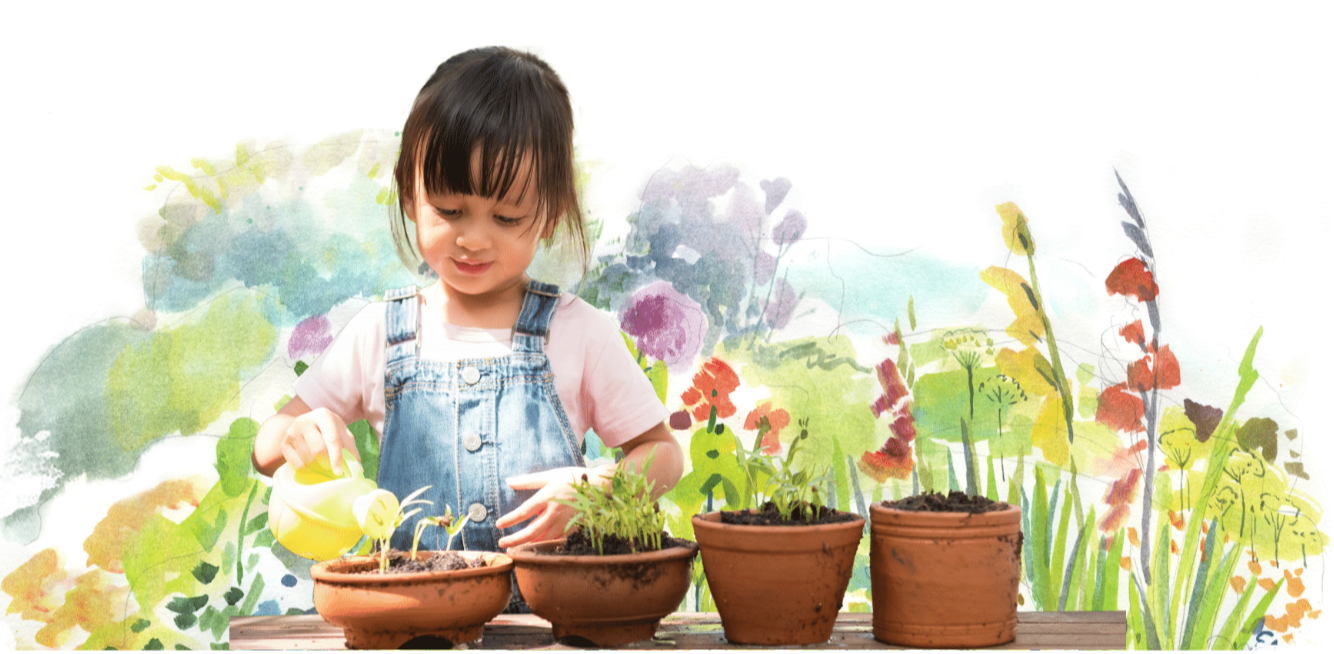 Girl watering plant water color-1-1